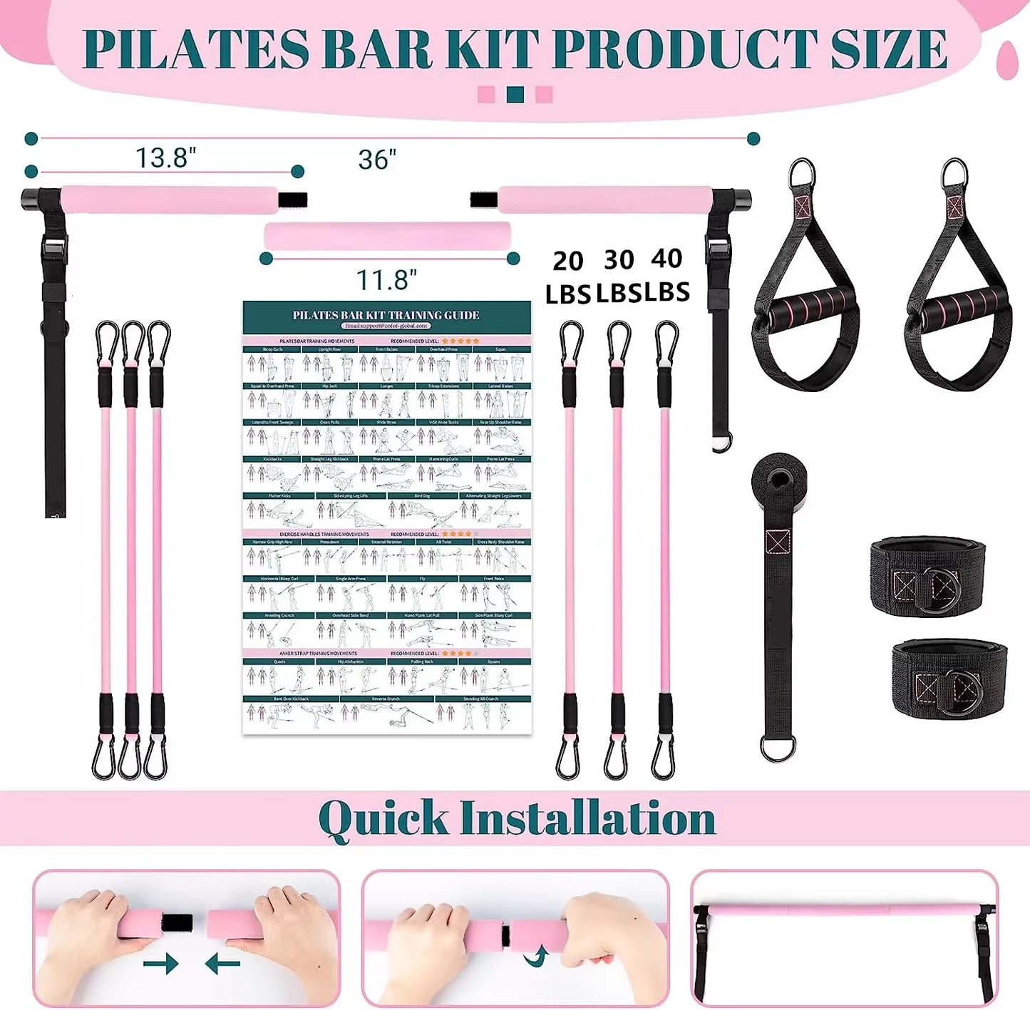 Professional Fitness Yoga and Pilates Bar Kit with Resistance Bands - Portable Home Gym for Comprehensive Full Body Workouts for Women